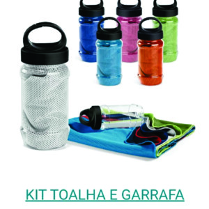 Kit toalha e garrafa, Toalha para esporte em poliamida e poliéster .Toalha refrescante, quando molhada permanece fria durantes horas .Se aquecer ,basta balançar reativando sua frescura .Reutilizável e lavável à máquina .Garrafa em PP e PET com mosquetão incluso(Food Grade).Capacidade até 440 ml.